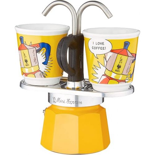  Bialetti - Mini Express Lichtenstein: Moka Set includes Coffee Maker 2-Cup (2.8 Oz) + 2 shot glasses, Yellow, Aluminium & Smart Coffee Jar: Made in Glass to Preserve the Aroma of the Coffee - 250g