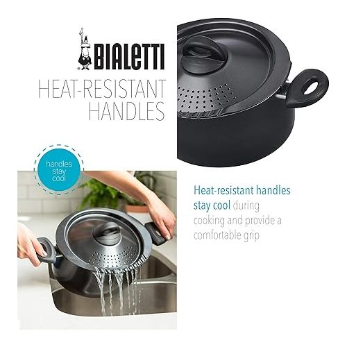  Bialetti Oval Aluminum 5.5 Quart Pasta Pot with Strainer Lid, Nonstick, Black