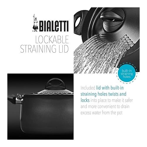 Bialetti Oval Aluminum 5.5 Quart Pasta Pot with Strainer Lid, Nonstick, Black