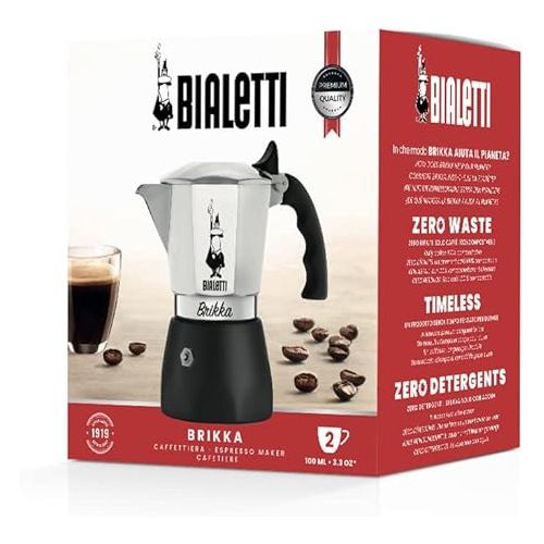  Bialetti - New Brikka, Moka Pot, the Only Stovetop Coffee Maker Capable of Producing a Crema-Rich Espresso, 2 Cups (3,4 Oz), Aluminum and Black