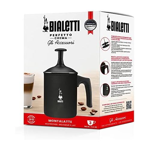  Bialetti Tutto Crema Milchaufschaumer 3 Tassen mit Doppelsieb fuer einen stabilen Milchschaum, 0.5 L, schwarz