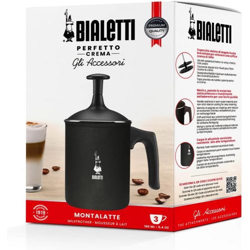  Bialetti Tutto Crema Milchaufschaumer 3 Tassen mit Doppelsieb fuer einen stabilen Milchschaum, 0.5 L, schwarz