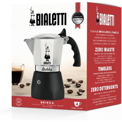  Bialetti - New Brikka, Moka Pot, the Only Stovetop Coffee Maker Capable of Producing a Crema-Rich Espresso, 4 Cups (5,7 Oz), Aluminum and Black