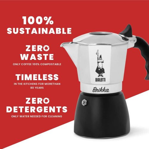  Bialetti - New Brikka, Moka Pot, the Only Stovetop Coffee Maker Capable of Producing a Crema-Rich Espresso, 4 Cups (5,7 Oz), Aluminum and Black