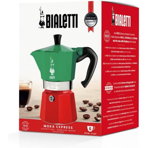  Bialetti - Moka Express Italia Collection: Iconic Stovetop Espresso Maker, Makes Real Italian Coffee, Moka Pot 6 Cups (9 Oz - 270 Ml), Aluminium, Colored in Red Green Silver