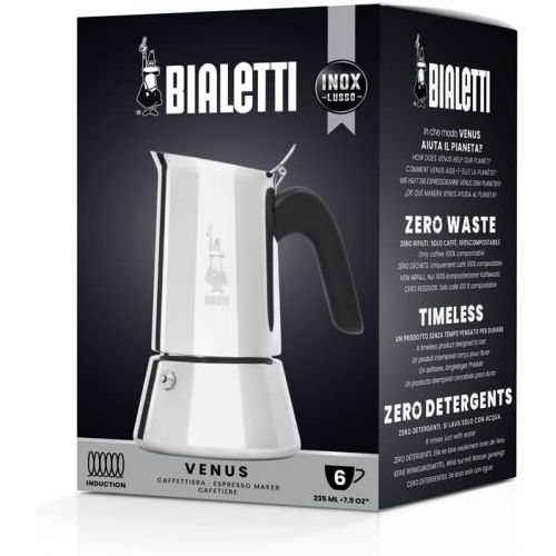  Bialetti Venus 6-Cup Stainless Steel Induction-Capable Stovetop Espresso Maker, Silver