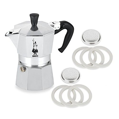  Bialetti Moka Express #06799 3-Cup Espresso Maker Machine and #06960 Bialetti, Six Replacement Gaskets and Two Bialetti Replacement Filter Plates Bundle