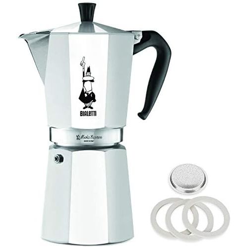  Original Bialetti 12-Espresso Cup Moka Express Espresso Maker Machine with Extra Genuine Bialetti Replacement Filter and Three Gaskets Bundle (12-cup, 25 fl oz, 775 ml)