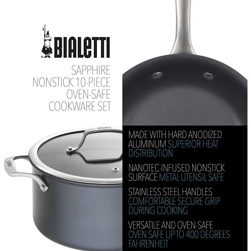  Bialetti Sapphire 10 Piece Nonstick Hard Anodized Cookware Set-Induction Compatible, Dishwasher Safe, Gray