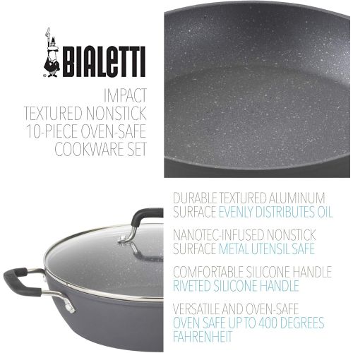  Bialetti 10-Piece Impact Textured Pots and Pans Kitchen Cookware Set, Gray