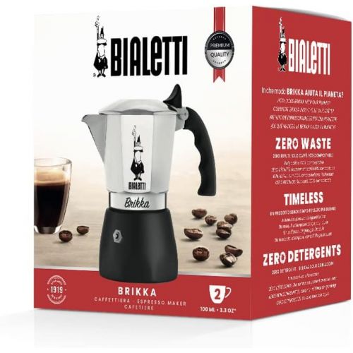  Bialetti - New Brikka, Moka Pot, the Only Stovetop Coffee Maker Capable of Producing a Crema-Rich Espresso, 2 Cups (3.38 Oz), Aluminum and Black