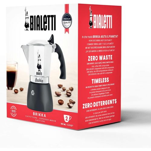  Bialetti - New Brikka, Moka Pot, the Only Stovetop Coffee Maker Capable of Producing a Crema-Rich Espresso, 2 Cups (3.38 Oz), Aluminum and Black