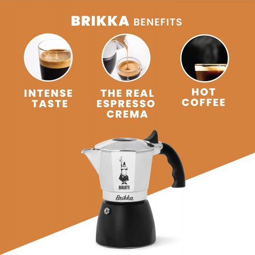  Bialetti - New Brikka, Moka Pot, the Only Stovetop Coffee Maker Capable of Producing a Crema-Rich Espresso, 2 Cups (3.38 Oz), Aluminum and Black