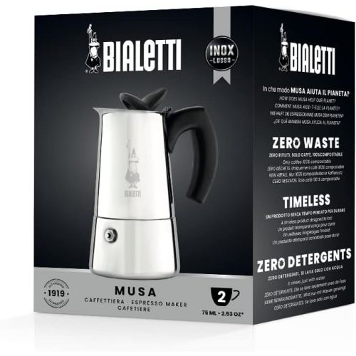  Bialetti - Musa Induction, Stainless Steel Stovetop Espresso Coffee Maker, Suitable for all Types of Hobs, 2-Cup (2.8 Oz), Silver