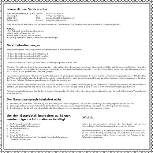  Bianco di puro Standmixer puro S Weiss inkl. tri-set Behalter mit Reinigungsbuerste und Rezeptbuch