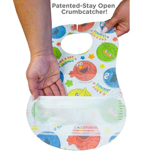  [아마존베스트]Bibsters Sesame Street Large Disposable Bibs with Patented Crumb-Catcher, Leakproof Liner, and Reusable Fastener -Age 6 Months and Up