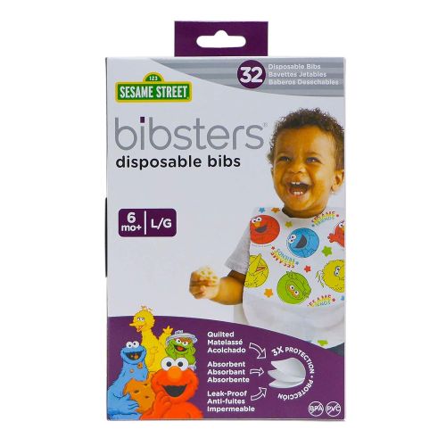  [아마존베스트]Bibsters Sesame Street Large Disposable Bibs with Patented Crumb-Catcher, Leakproof Liner, and Reusable Fastener -Age 6 Months and Up