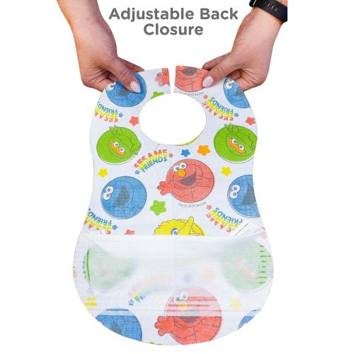  [아마존베스트]Bibsters Sesame Street Large Disposable Bibs with Patented Crumb-Catcher, Leakproof Liner, and Reusable Fastener -Age 6 Months and Up