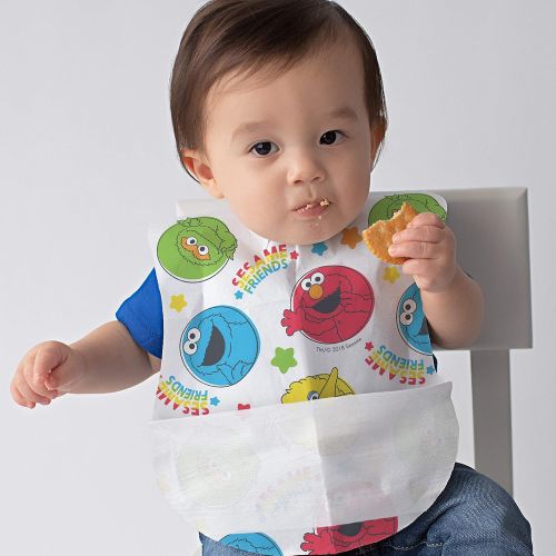  [아마존베스트]Bibsters Sesame Street Large Disposable Bibs with Patented Crumb-Catcher, Leakproof Liner, and Reusable Fastener -Age 6 Months and Up