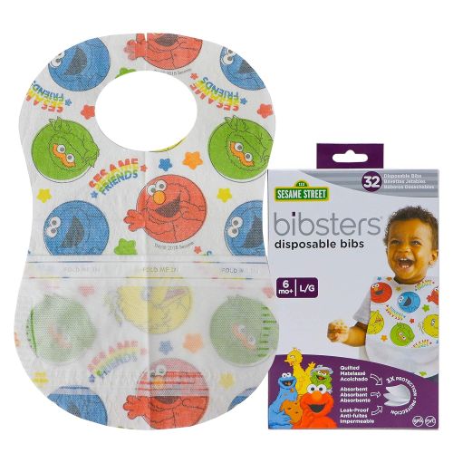  [아마존베스트]Bibsters Sesame Street Large Disposable Bibs with Patented Crumb-Catcher, Leakproof Liner, and Reusable Fastener -Age 6 Months and Up