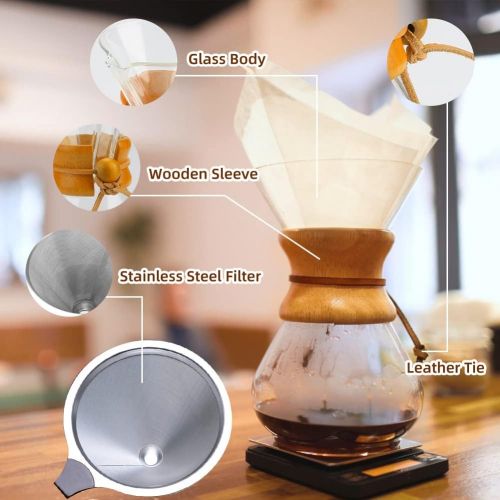  Pour Over Coffee Maker, BicycleStore Paperless Glass Carafe with Stainless Steel Filter Reusable Glass Coffee Pot Manual Coffee Dripper Brewer Hand Drip with Wood Sleeve for Home T