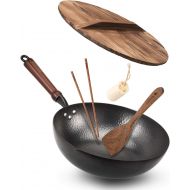 Bielmeier Wok Pan 12.5, Woks and Stir Fry Pans with lid, Carbon Steel Wok with Cookware Accessories, Wok with Lid Suits for all Stoves(Flat Bottom Wok)
