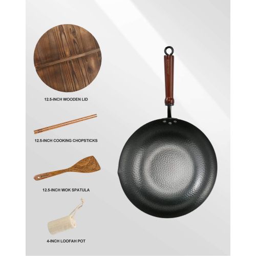  Bielmeier Wok Pan 12.5, Woks and Stir Fry Pans with lid, Carbon Steel Wok with Cookware Accessories, Wok with Lid Suits for all Stoves(Flat Bottom Wok)