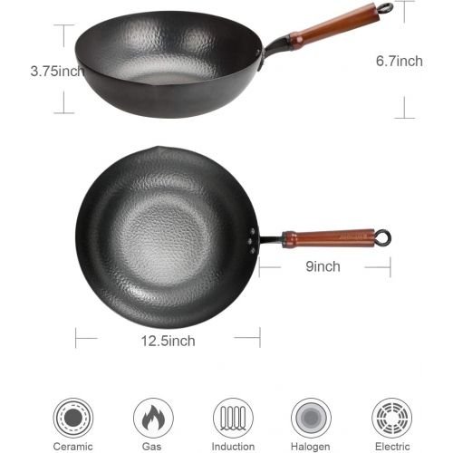  Bielmeier Wok Pan 12.5, Woks and Stir Fry Pans with lid, Carbon Steel Wok with Cookware Accessories, Wok with Lid Suits for all Stoves(Flat Bottom Wok)