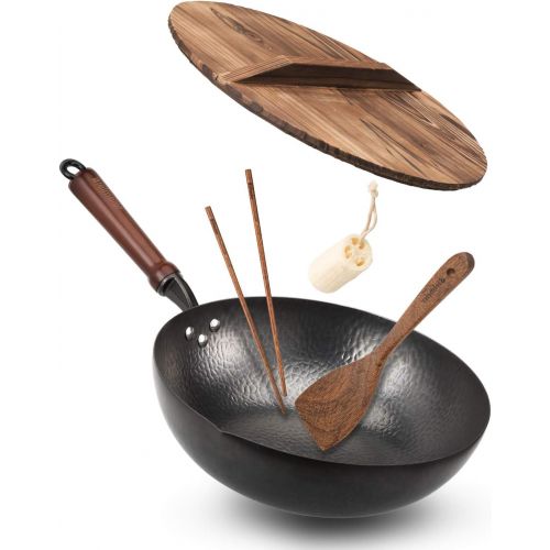  Bielmeier Wok Pan 12.5, Woks and Stir Fry Pans with lid, Carbon Steel Wok with Cookware Accessories, Wok with Lid Suits for all Stoves(Flat Bottom Wok)