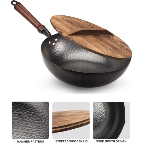  Bielmeier Wok Pan 12.5, Woks and Stir Fry Pans with lid, Carbon Steel Wok with Cookware Accessories, Wok with Lid Suits for all Stoves(Flat Bottom Wok)