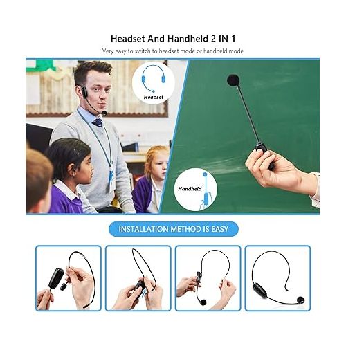  Wireless Microphone Headset, UHF Wireless Headset Mic System, 160 ft Range, Headset Mic And Handheld Mic 2 In 1, 1/8''&1/4'' Plug, For Speakers, Voice Amplifier, Pa System(Incompatible Phone, Laptop)