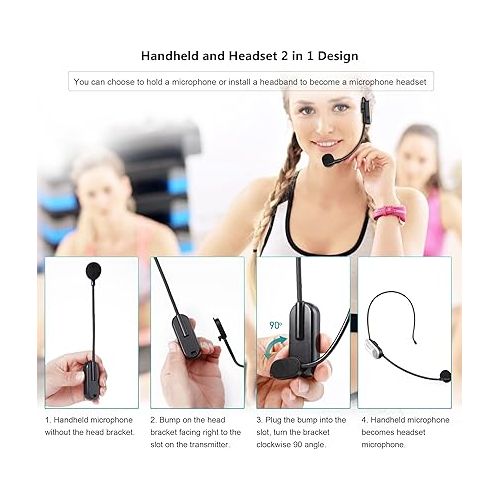  Bietrun UHF Wireless Microphone Headset, 165ft Range, Working Time 6H, 1/4''Plug, Wireless Headset Mic ＆Handheld Mic 2 in 1, for Karaoke Speaker, Amplifier, Mic Speakers, PA System, Teaching, Fitness