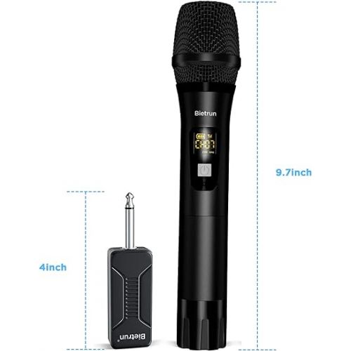  Bietrun Wireless Microphone, Unidirectional Moving-Coil Mic, 160ft Range, 15 UHF Adjustable Channels, Plug and Play, Battery Powered, Ideal for Singing, Karaoke, Streaming