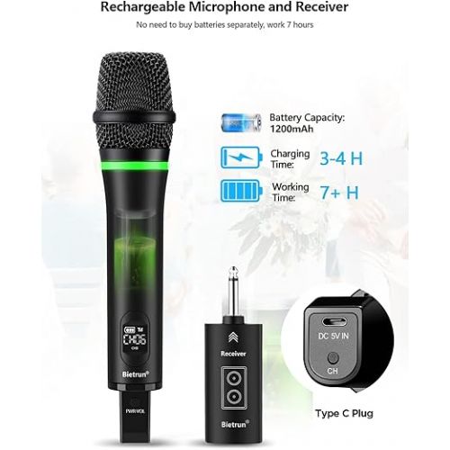  Bietrun Wireless Microphone Rechargeable, 168FT Range Bluetooth Microphone Wireless (Work 7 hrs) with 1/4'' Output, UHF Metal Handheld Dynamic Mic for Karaoke Machine/PA System/Speaker/Church/Wedding