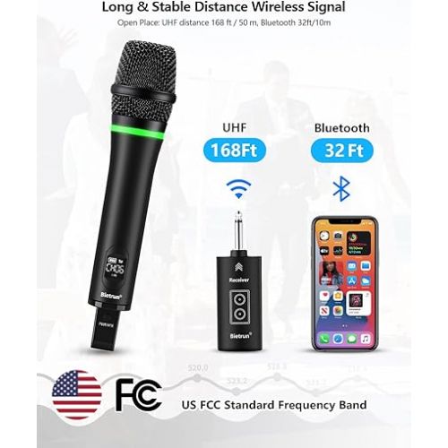  Bietrun Wireless Microphone Rechargeable, 168FT Range Bluetooth Microphone Wireless (Work 7 hrs) with 1/4'' Output, UHF Metal Handheld Dynamic Mic for Karaoke Machine/PA System/Speaker/Church/Wedding