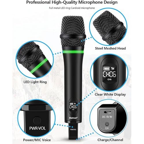  Bietrun Wireless Microphone Rechargeable, 168FT Range Bluetooth Microphone Wireless (Work 7 hrs) with 1/4'' Output, UHF Metal Handheld Dynamic Mic for Karaoke Machine/PA System/Speaker/Church/Wedding