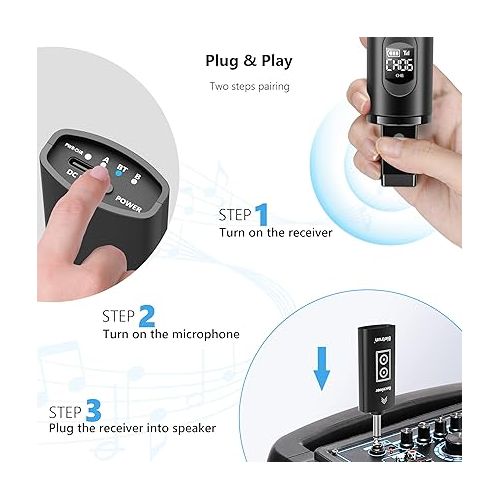  Bietrun Wireless Microphone Rechargeable, 168FT Range Bluetooth Microphone Wireless (Work 7 hrs) with 1/4'' Output, UHF Metal Handheld Dynamic Mic for Karaoke Machine/PA System/Speaker/Church/Wedding