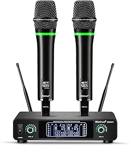 Bietrun Wireless Microphone, Rechargeable Metal Dual UHF Cordless Dynamic Handheld Microphone System for Home Karaoke, Meeting, Party, Church, DJ, Wedding(UHF 240ft Range)(Receiver with Bluetooth)