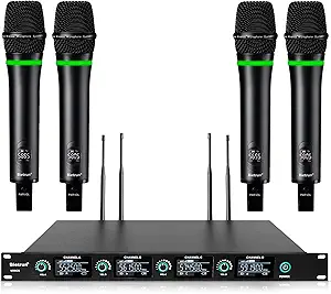 Bietrun 4-Channel Wireless Microphones System with 4 Rechargeable Handheld Mics, UHF Metal Dynamic Cordless Mics for Karaoke, Singing, Church, Family Theater(Auto Connect/295FT Range/Fixed Frequency)