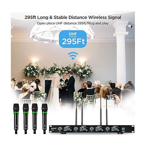  Bietrun 4-Channel Wireless Microphones System with 4 Rechargeable Handheld Mics, UHF Metal Dynamic Cordless Mics for Karaoke, Singing, Church, Family Theater(Auto Connect/295FT Range/Fixed Frequency)