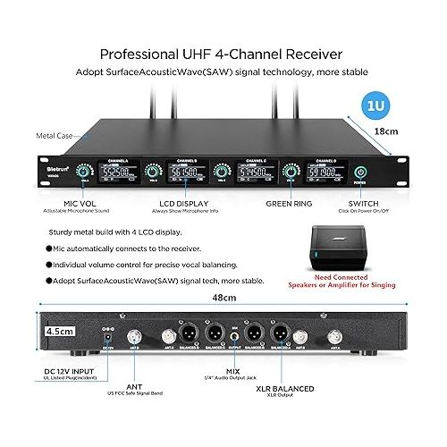  Bietrun 4-Channel Wireless Microphones System with 4 Rechargeable Handheld Mics, UHF Metal Dynamic Cordless Mics for Karaoke, Singing, Church, Family Theater(Auto Connect/295FT Range/Fixed Frequency)