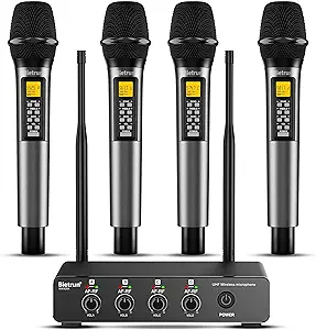 Bietrun 4 Channel Wireless Microphone with Echo/Treble/Bass, 160 ft UHF Range, 4 XLR+1/4‘’Output, Metal Cordless Handheld Dynamic Mics System for Wedding, Church, Karaoke, Singing, DJ(Auto Connect)