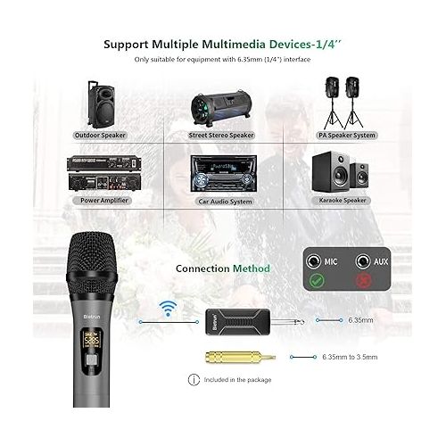  Wireless Microphone, Bietrun UHF Metal Dual Handheld Cordless Dynamic Mic System with Rechargeable Receiver, 1/4‘’Output, for Karaoke, Church, Speech, Wedding, Party Singing(160 ft Range)-Auto Connect