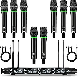 Bietrun 8-Channel Wireless Microphone System with 8 Rechargeable Mics Wireless, UHF 295ft Range, Professional Metal Cordless Dynamic Vocals Mics for Adults,Karaoke Party,Singing,Church,(Auto Connect)