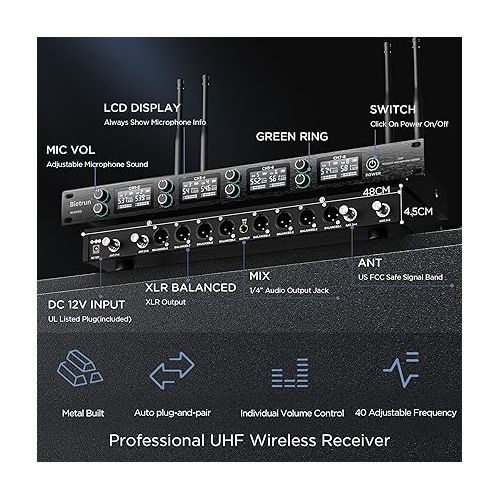  8-Channel Wireless Microphone System with 8 Rechargeable Mics Wireless, UHF 295ft Range, Bietrun Professional Metal Cordless Dynamic Vocals Mics for Adults,Karaoke Party,Singing,Church,(Auto Connect)