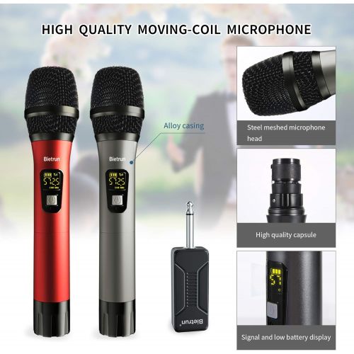  [아마존 핫딜] [아마존핫딜]Bietrun Wireless Microphone, UHF Wireless Dual Handheld Dynamic Mic System Set with Rechargeable Receiver, 260ft Range, 6.35mm(1/4) Plug, for Karaoke, Voice Amplifier, PA System, Singing M