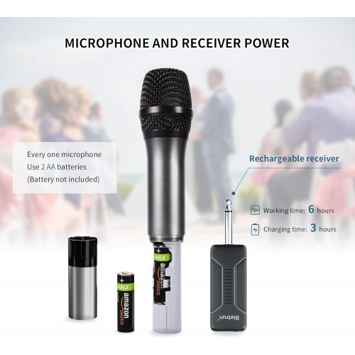  [아마존 핫딜] [아마존핫딜]Bietrun Wireless Microphone, UHF Wireless Dual Handheld Dynamic Mic System Set with Rechargeable Receiver, 260ft Range, 6.35mm(1/4) Plug, for Karaoke, Voice Amplifier, PA System, Singing M