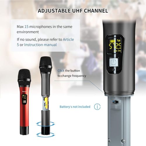  [아마존 핫딜] [아마존핫딜]Bietrun Wireless Microphone, UHF Wireless Dual Handheld Dynamic Mic System Set with Rechargeable Receiver, 260ft Range, 6.35mm(1/4) Plug, for Karaoke, Voice Amplifier, PA System, Singing M