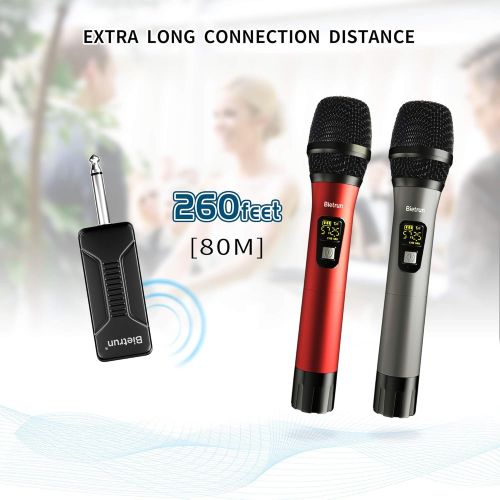  [아마존 핫딜] [아마존핫딜]Bietrun Wireless Microphone, UHF Wireless Dual Handheld Dynamic Mic System Set with Rechargeable Receiver, 260ft Range, 6.35mm(1/4) Plug, for Karaoke, Voice Amplifier, PA System, Singing M