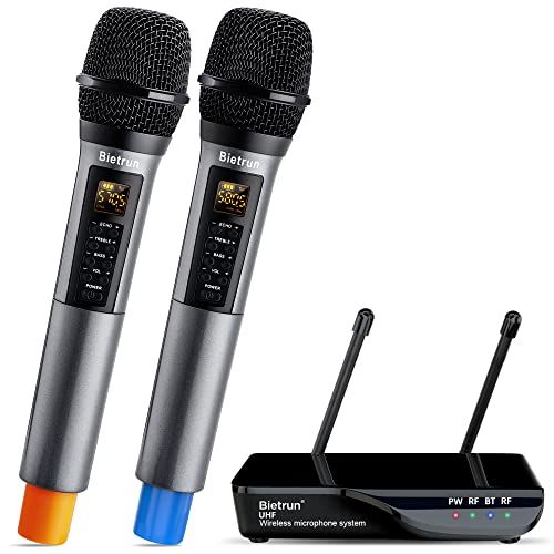  Bietrun Wireless Microphone with Echo, Treble, Bass & Bluetooth, 160 FT Range, UHF Portable Dual Handheld Karaoke Dynamic Microphone System, for Karaoke Machine, Party Singing, Wed